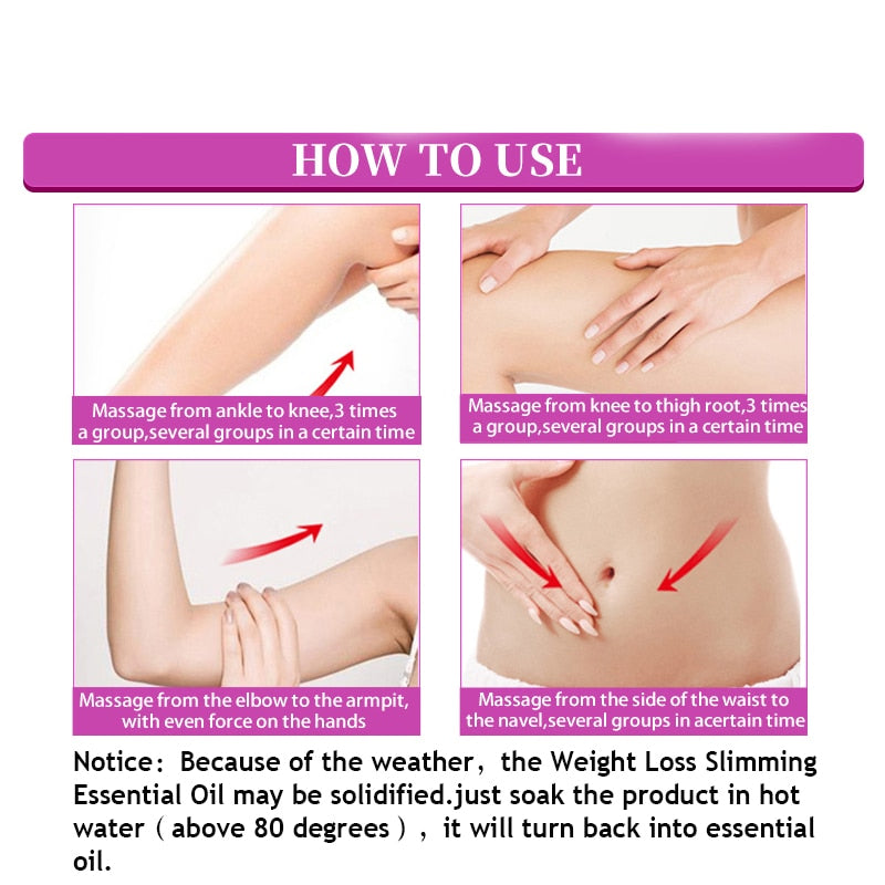 Instructions on how to use a weight loss slimming product with text and images of massage techniques.