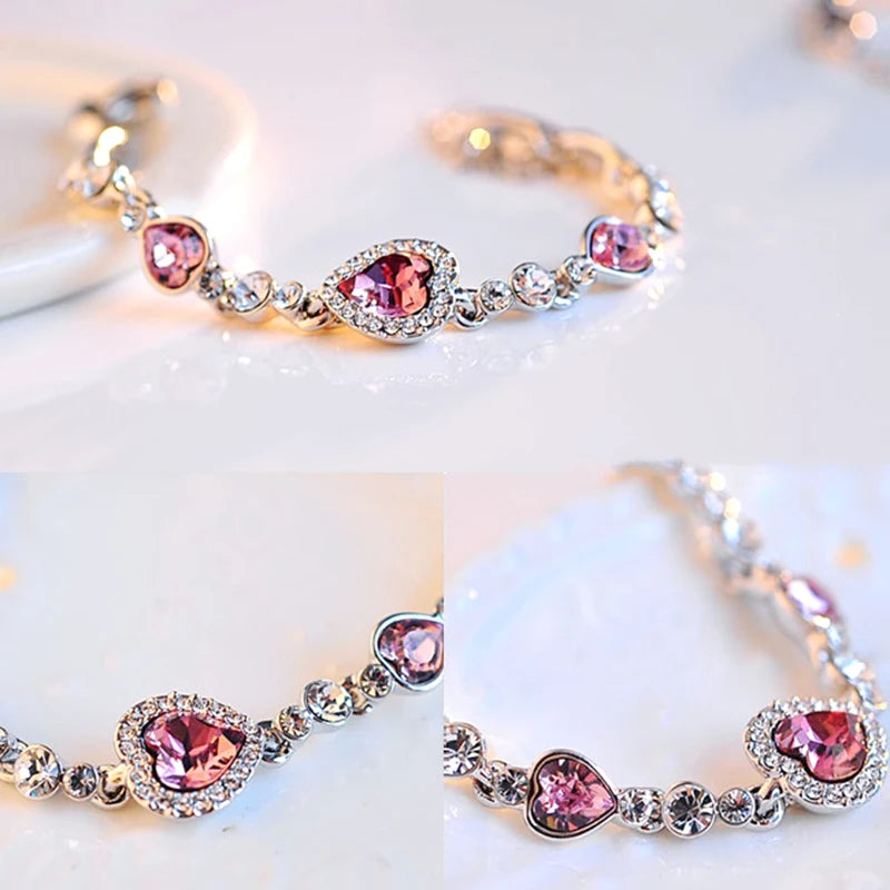 Bracelet with pink gemstones and clear crystals on a white background