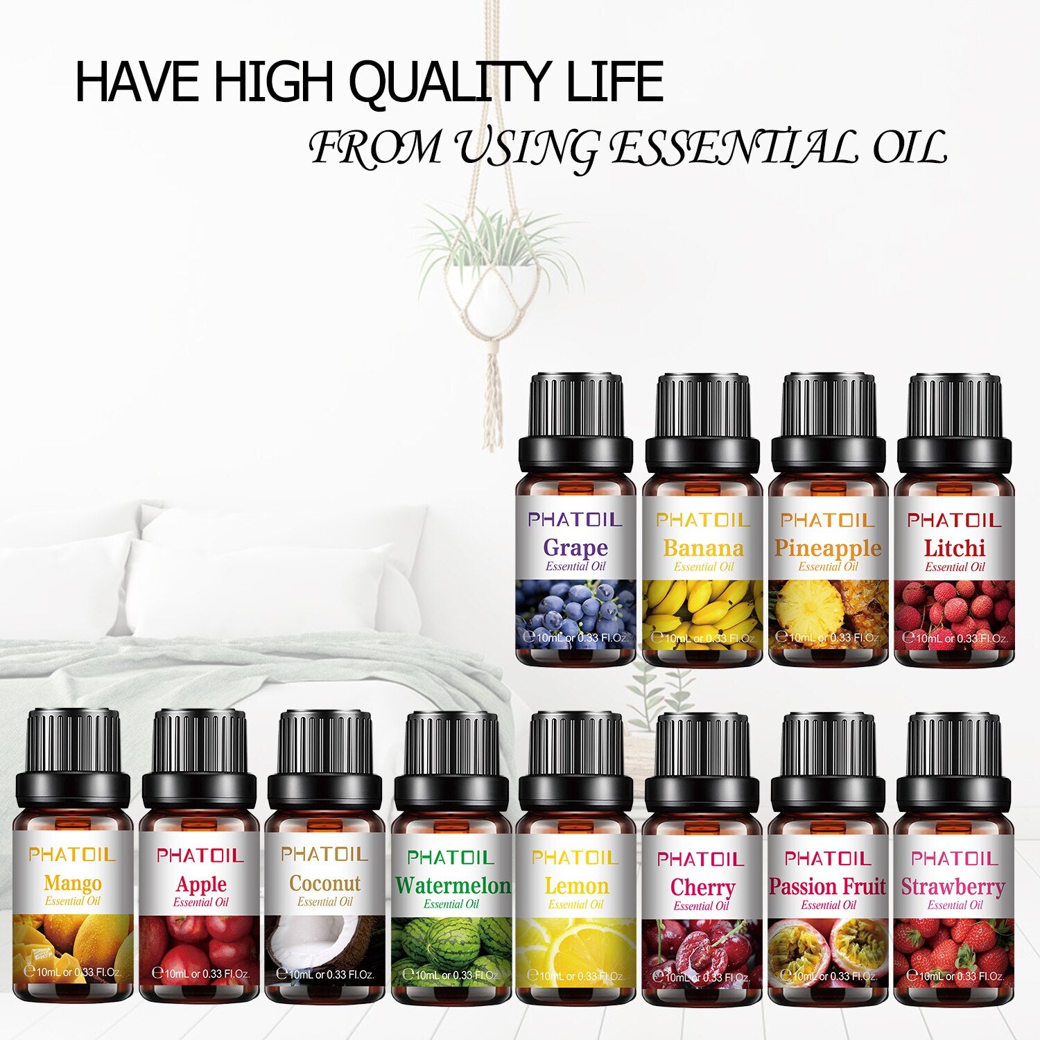 Collection of essential oil bottles with colorful labels on a white background.