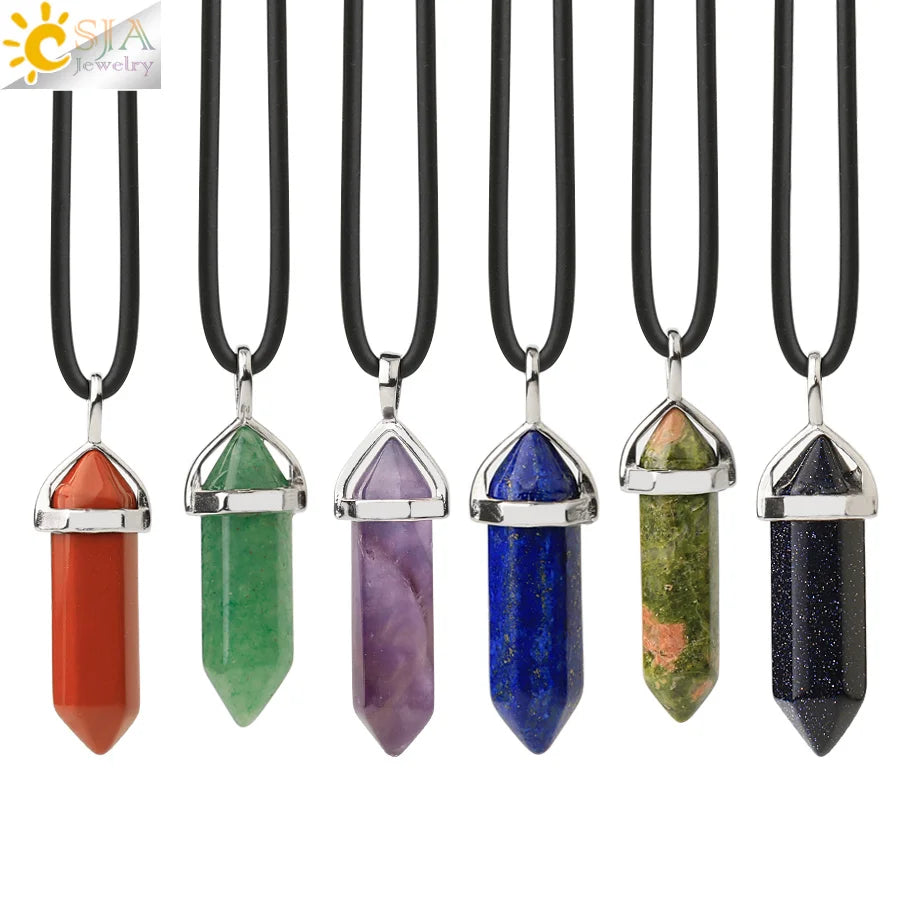 Set of six crystal pendant necklaces on black cords with visible brand logo.