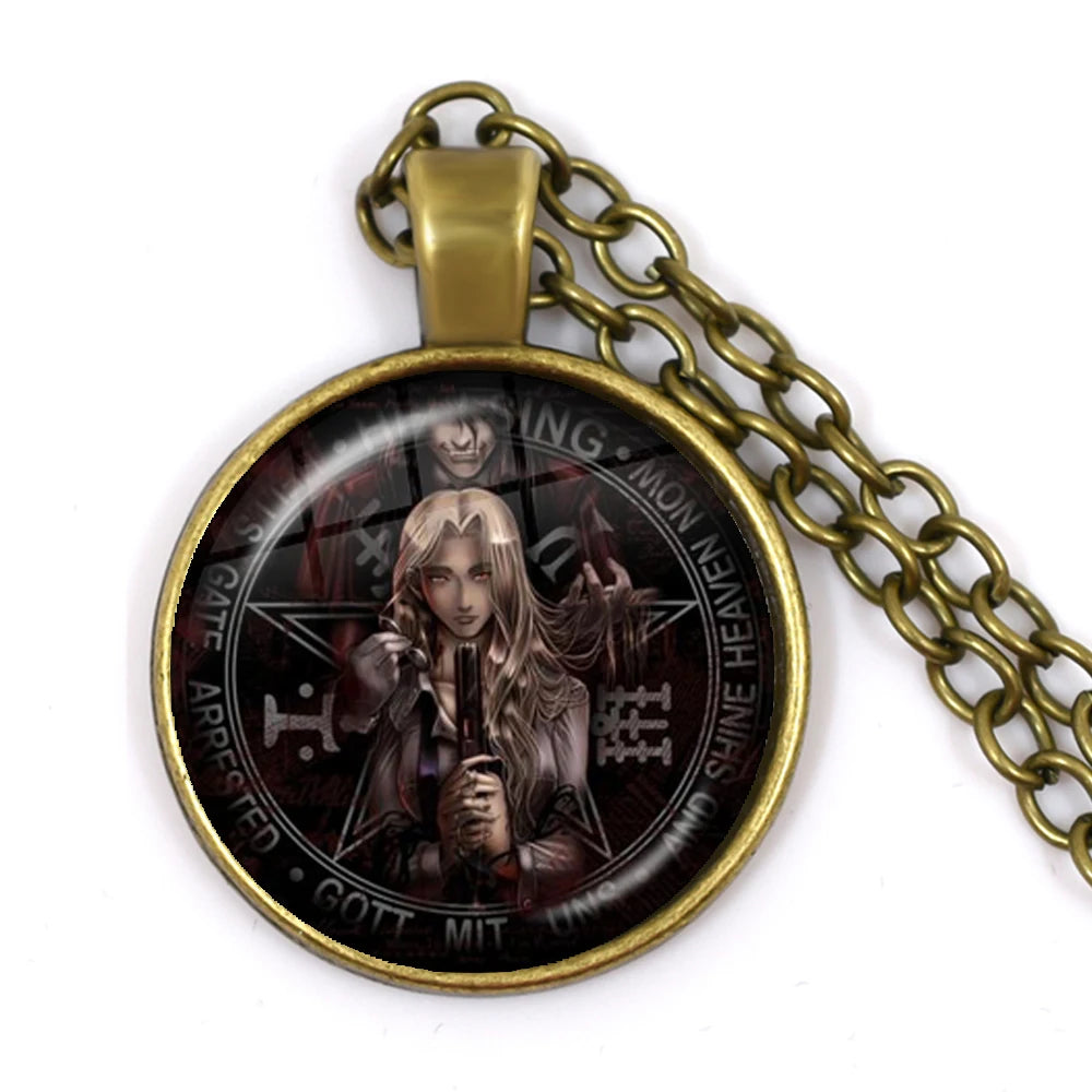 Pendant necklace with a character design on a white background