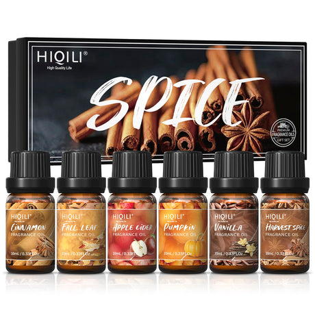 Set of HIQILI spice fragrance oils with a display box featuring cinnamon and star anise.