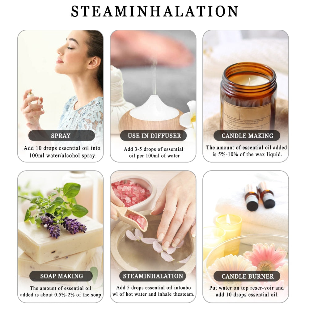 Infographic on using essential oils for various applications including spray, diffuser, candle making, soap making, steam inhalation, and candle burner.
