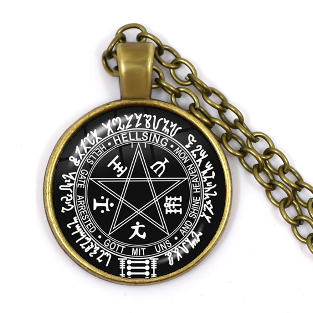 Pendant with a pentagram design and text on a chain against a white background