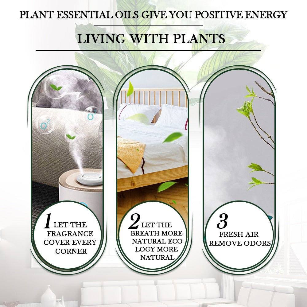 Advertisement for a diffuser with text about plant essential oils and their benefits in a bedroom setting.