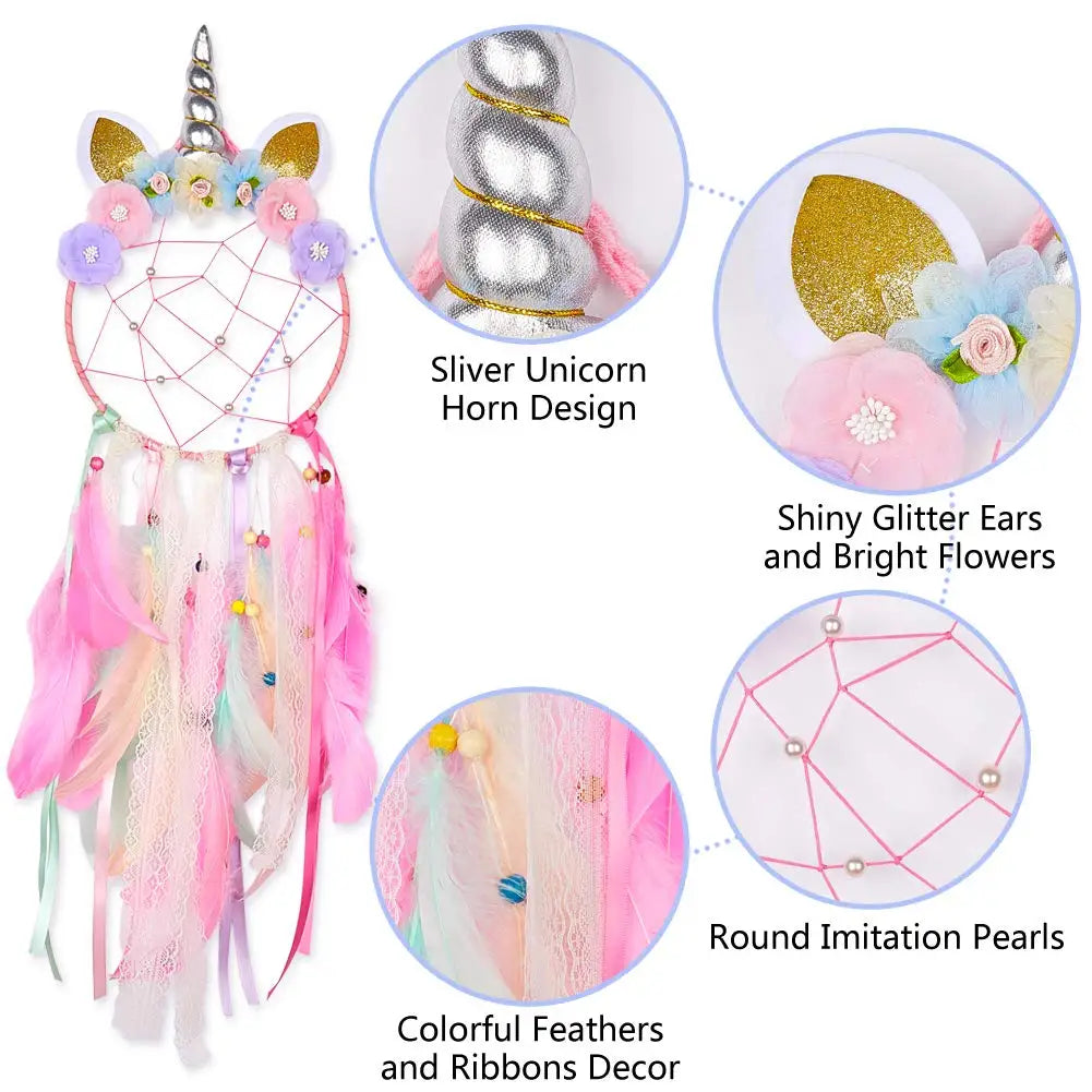 Unicorn-themed dreamcatcher with decorative elements on a white background
