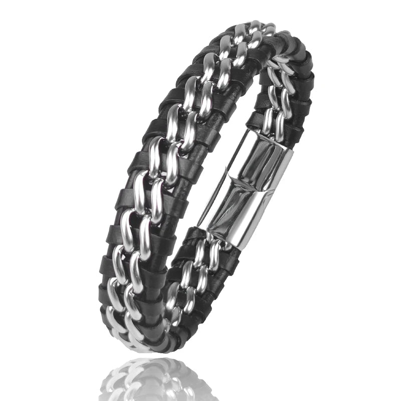 Black and silver chain bracelet on a white background