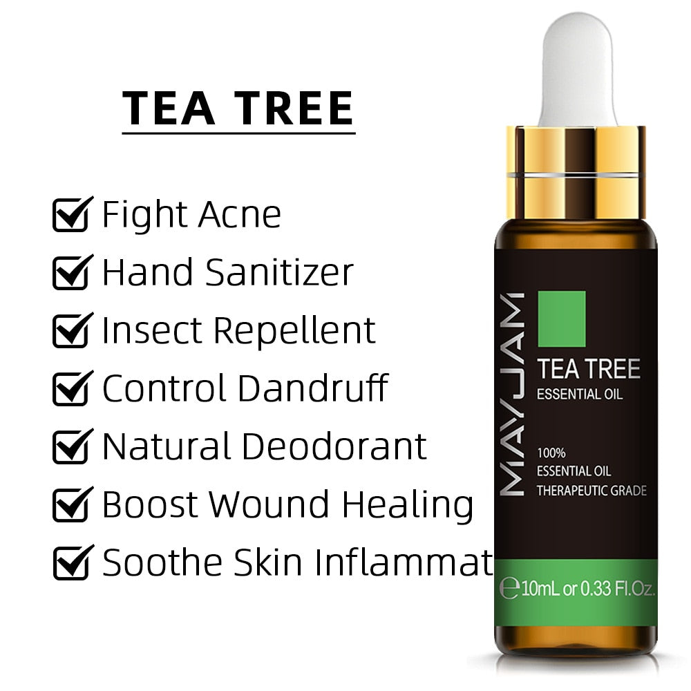MayuJam Tea Tree Essential Oil bottle with usage benefits listed on a white background