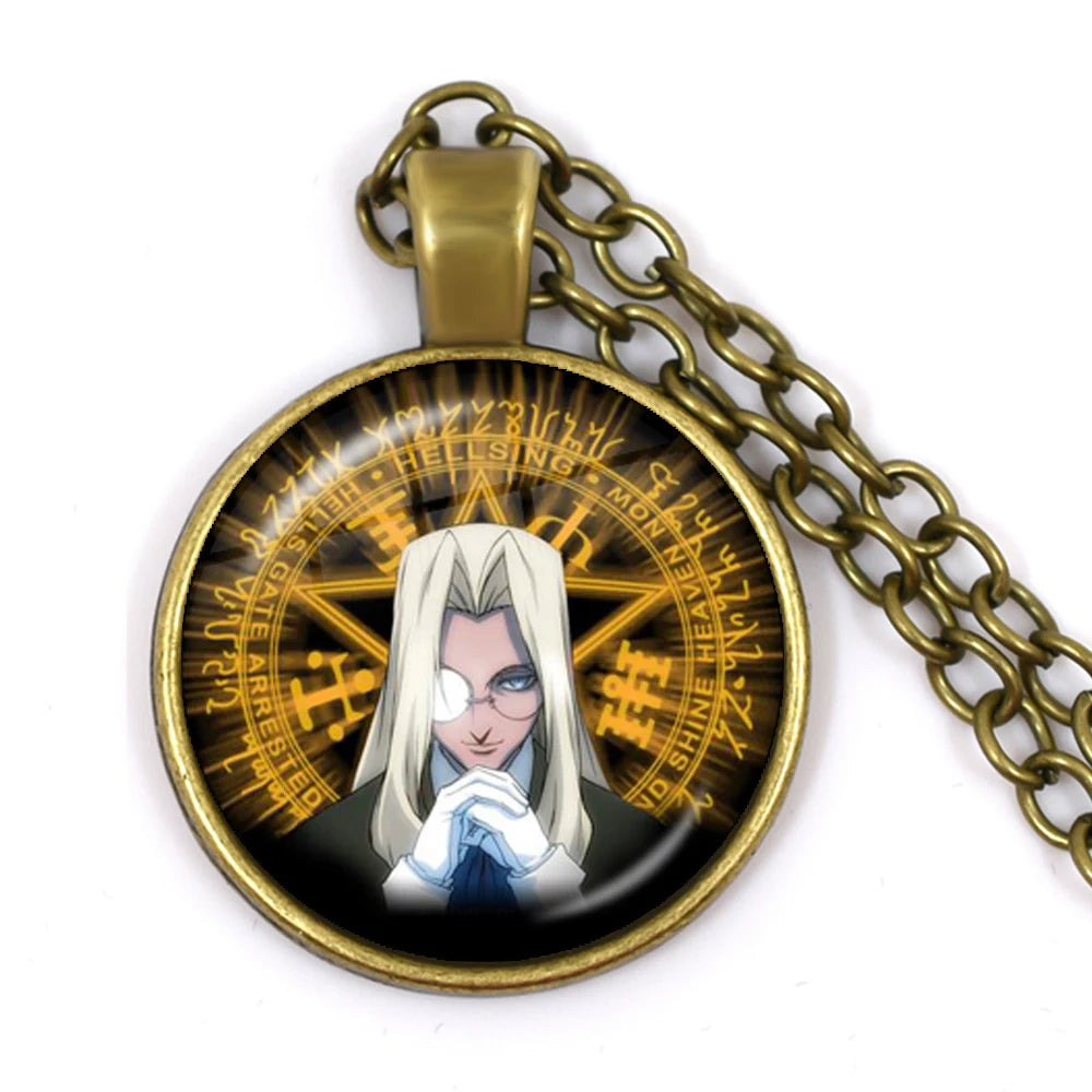 Necklace with pendant featuring an anime character and circular design on a white background