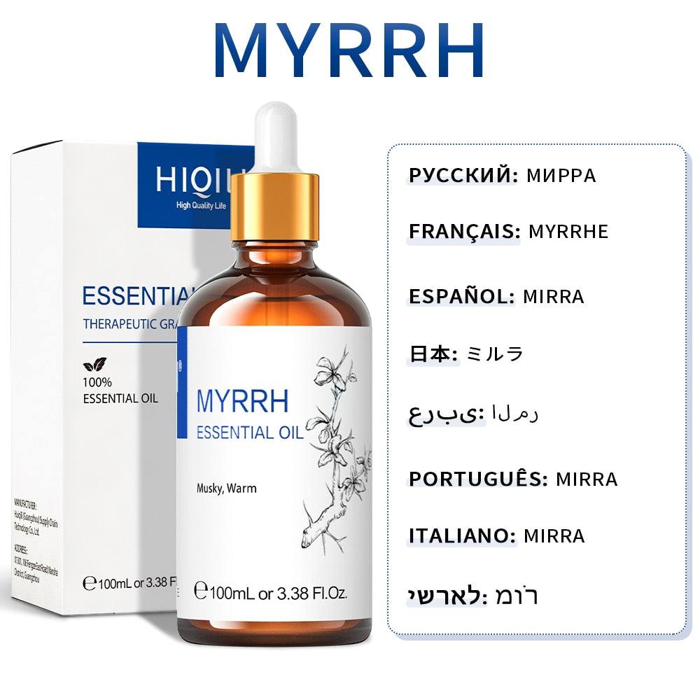 Myrrh essential oil bottle with dropper and packaging on a white background