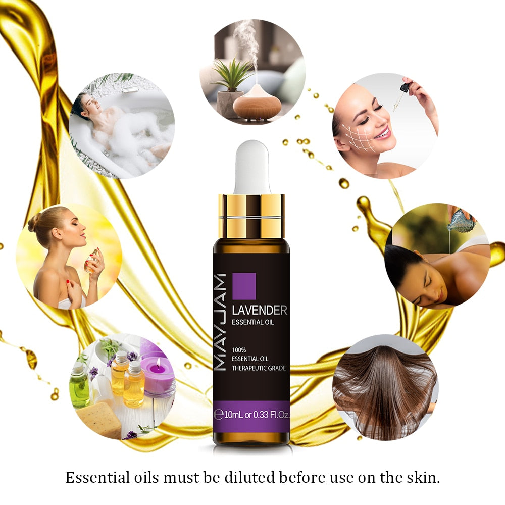 Miauam Lavender essential oil bottle surrounded by images of people using the product in various settings.