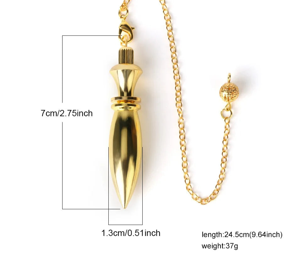 Gold dagger-shaped pendant with chain on a white background