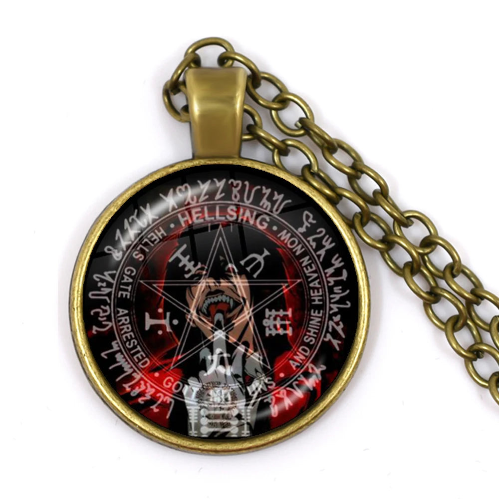 Necklace with a pendant featuring a design with text and symbols on a white background