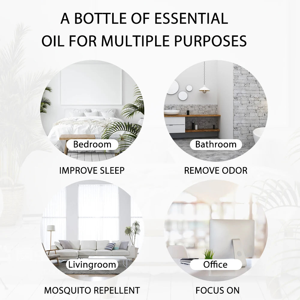 Bottle of essential oil with uses for bedroom, bathroom, living room, and office.