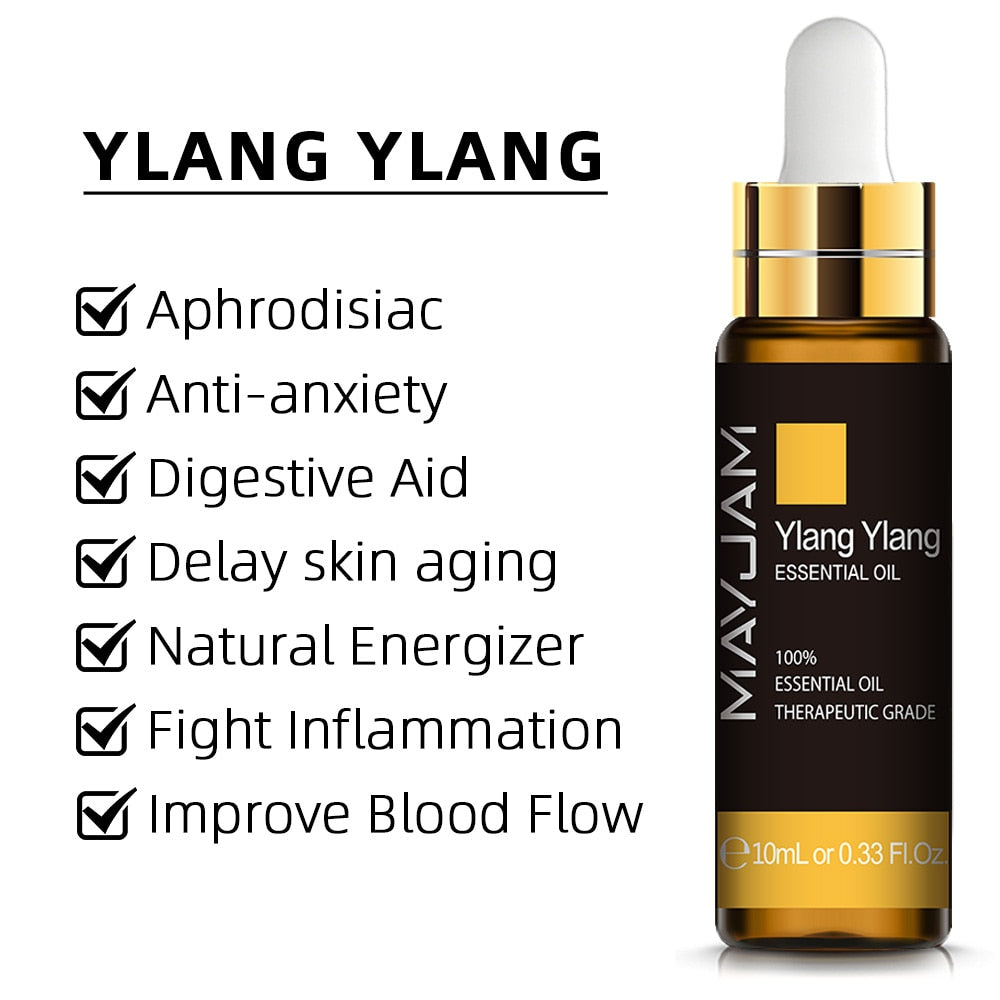 Ylang Ylang essential oil bottle with listed benefits on a white background