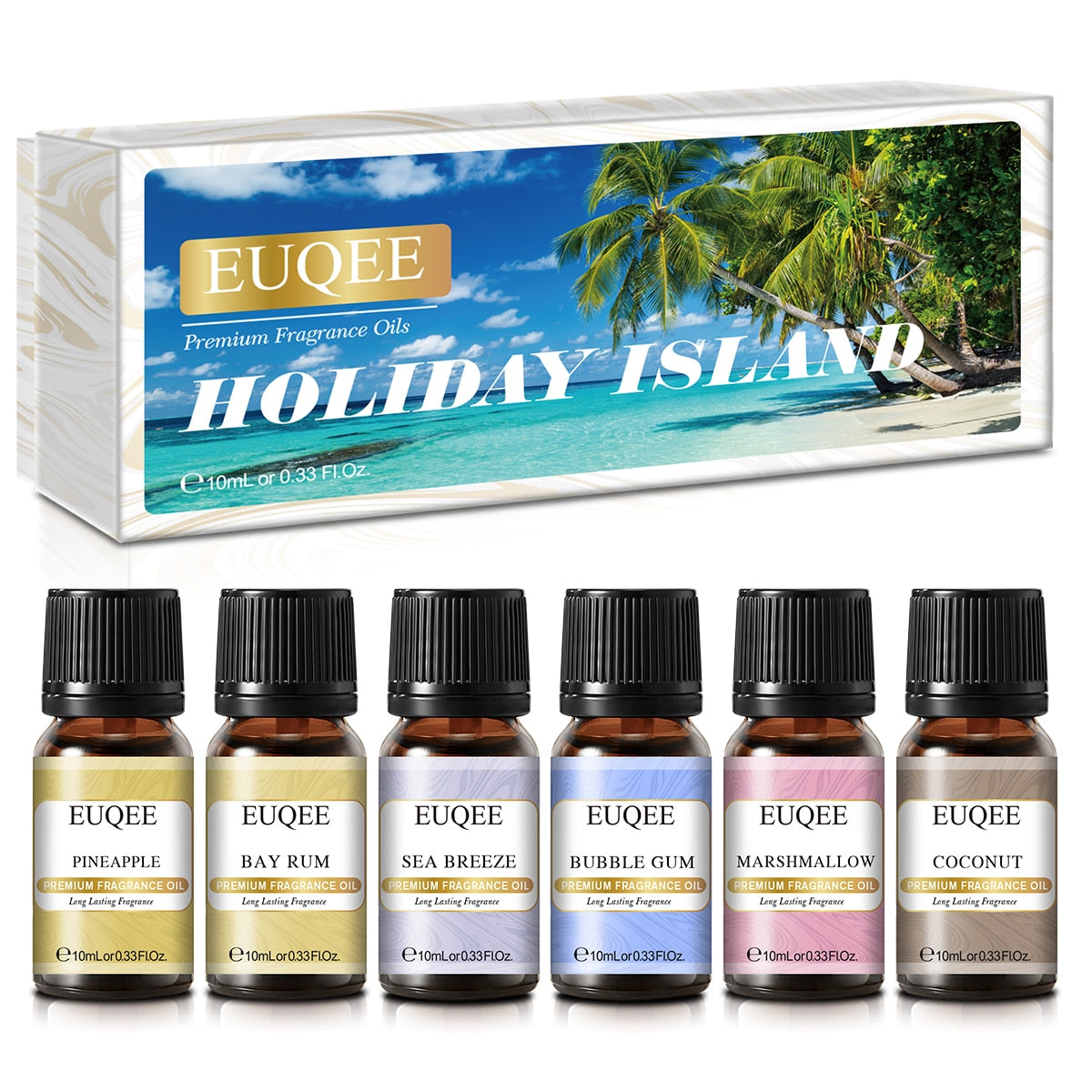EUQEE fragrance oils with 'Holiday Island' packaging in the background
