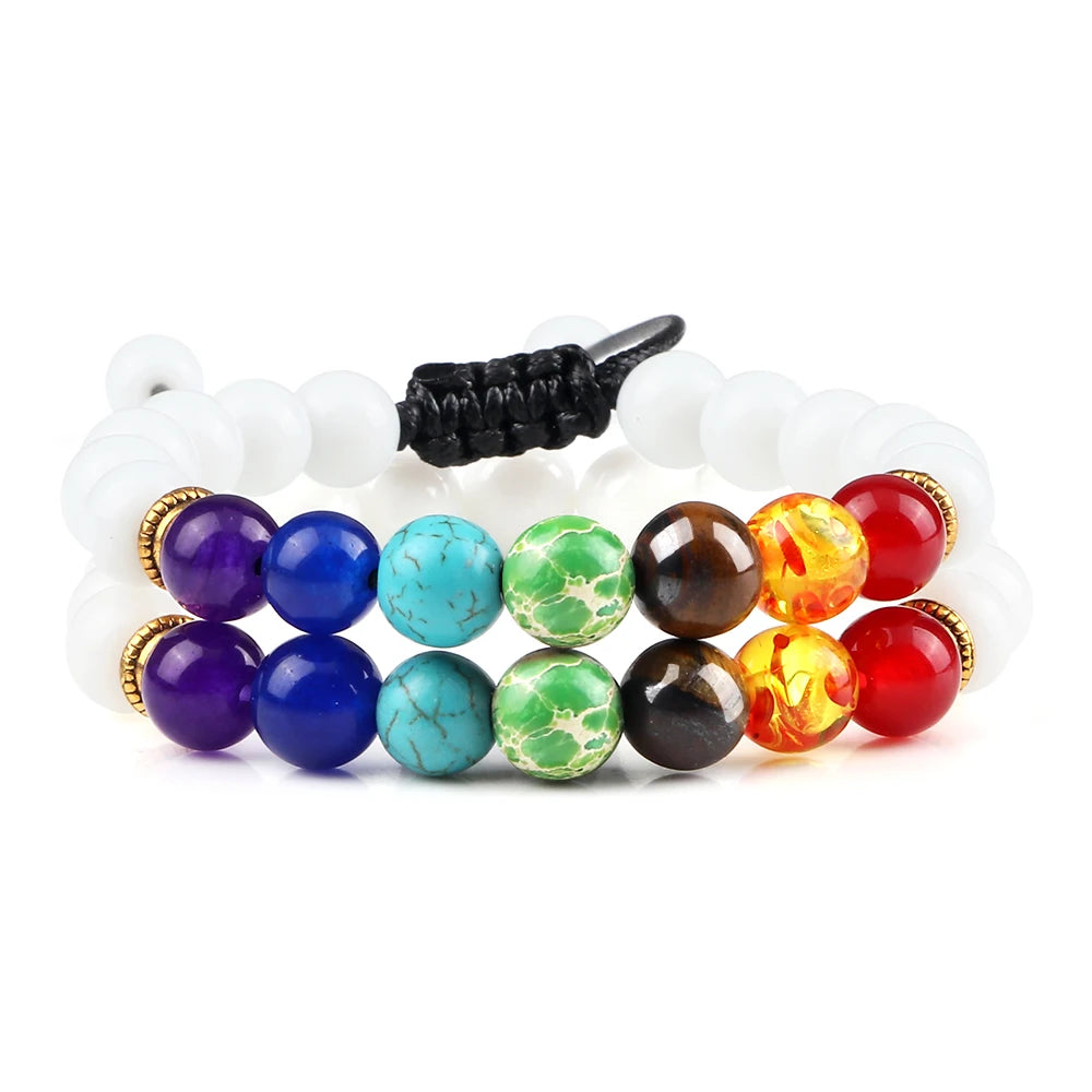 Multicolored beaded bracelet on a white background