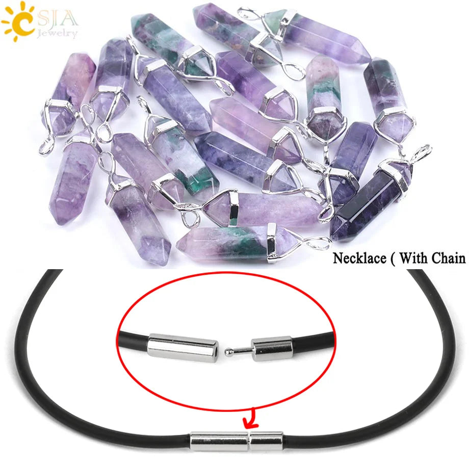 Necklace with purple crystal pendants and black cord on a white background