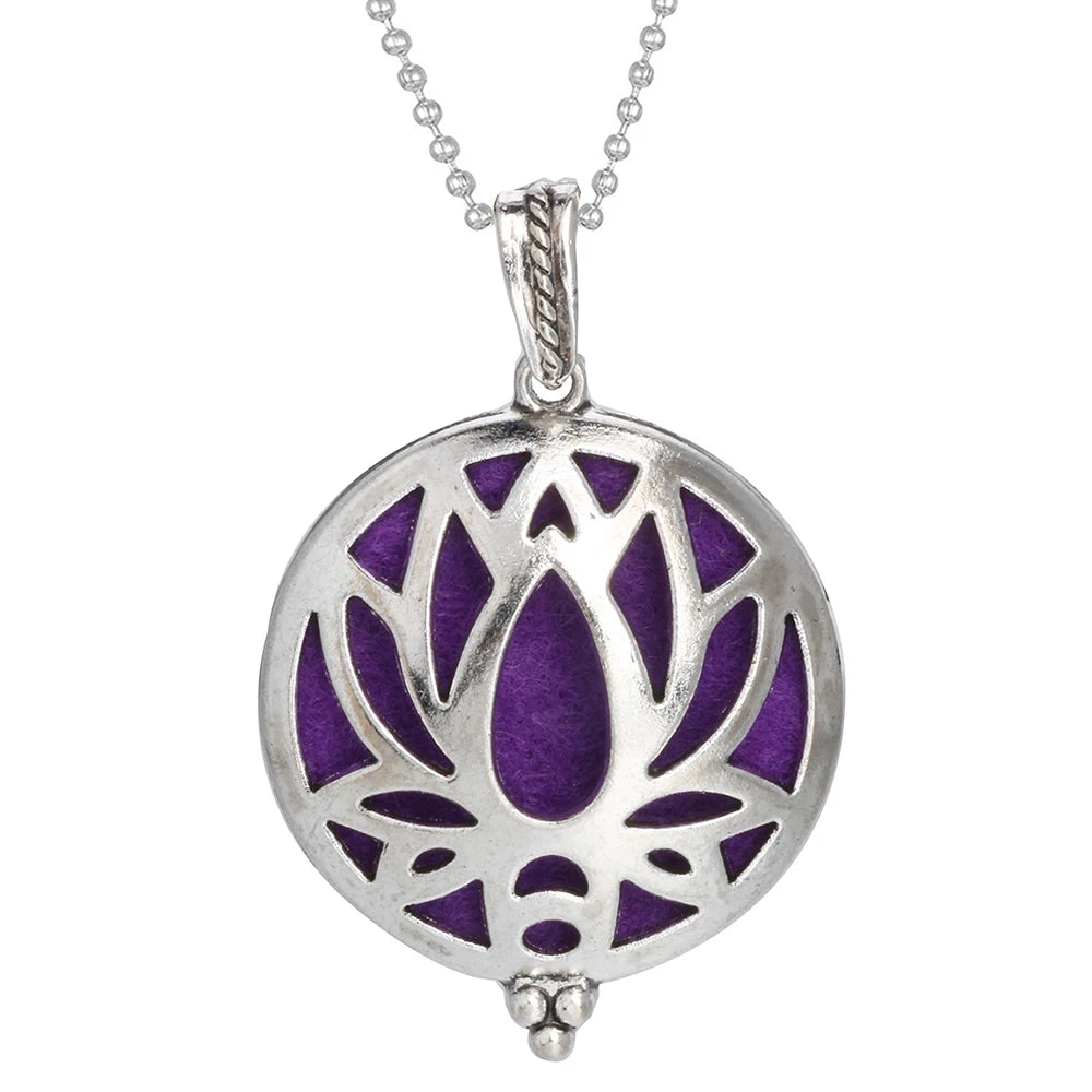 Silver necklace with a purple lotus flower pendant on a white background