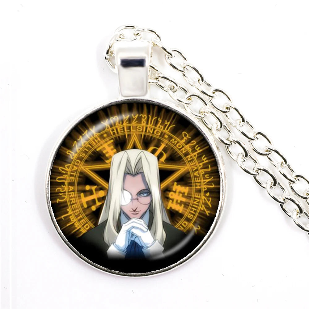 Necklace with pendant featuring an anime character and circular design on a white background