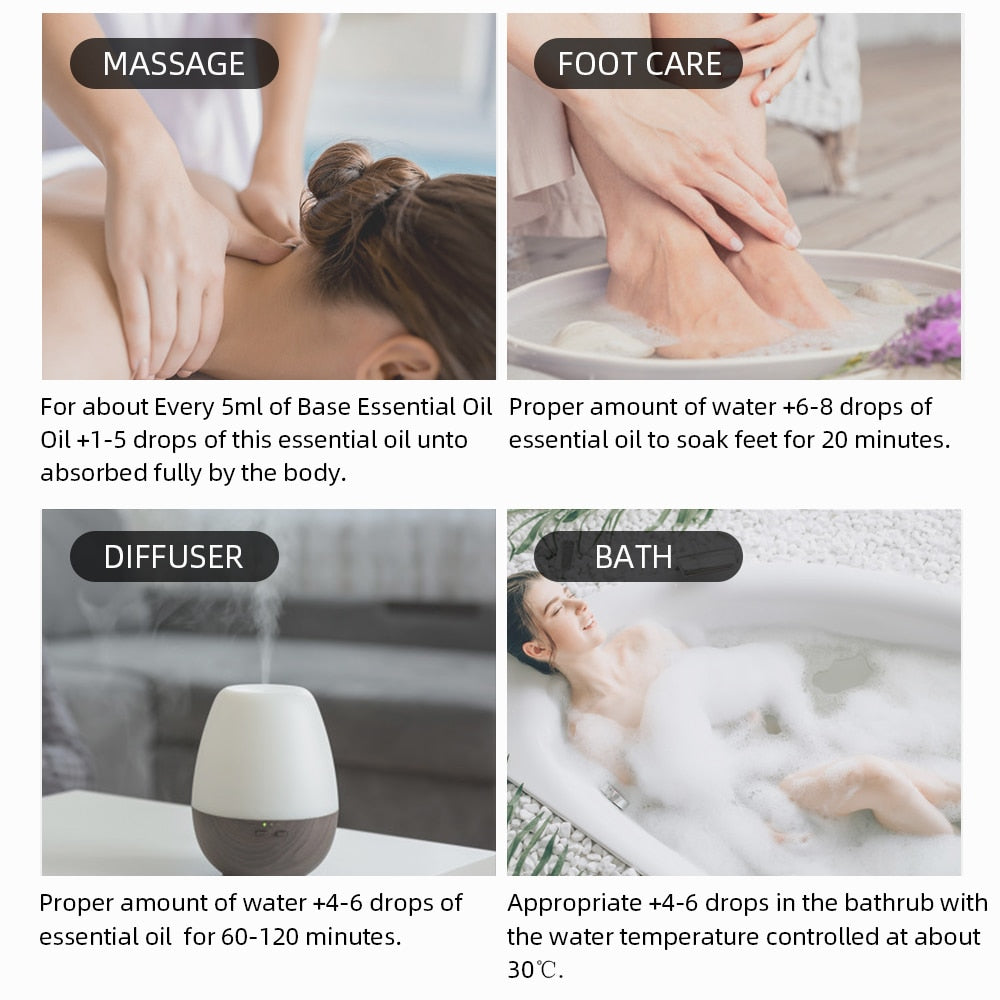 Collage of essential oil usage for massage, foot care, diffuser, and bath.
