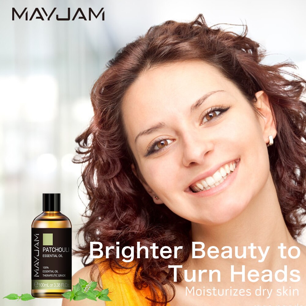 Woman with moisturized skin next to a bottle of Mayjam Patchouli essential oil, with text highlighting product benefits.