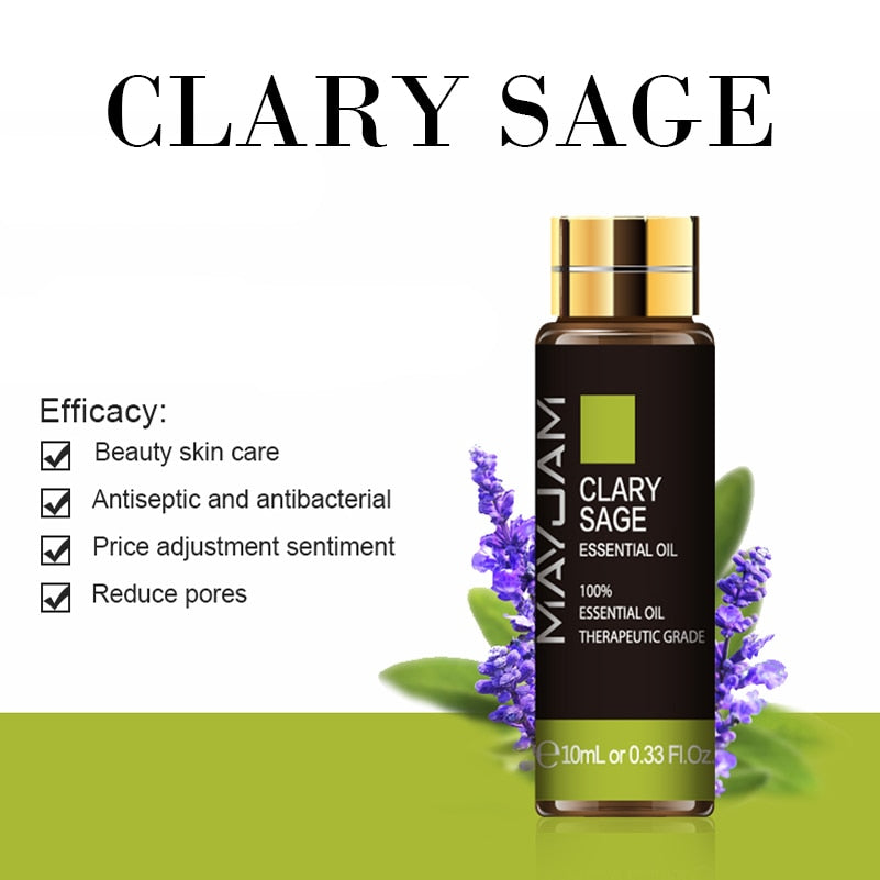 MayJam Clary Sage essential oil bottle with lavender flowers on a white background