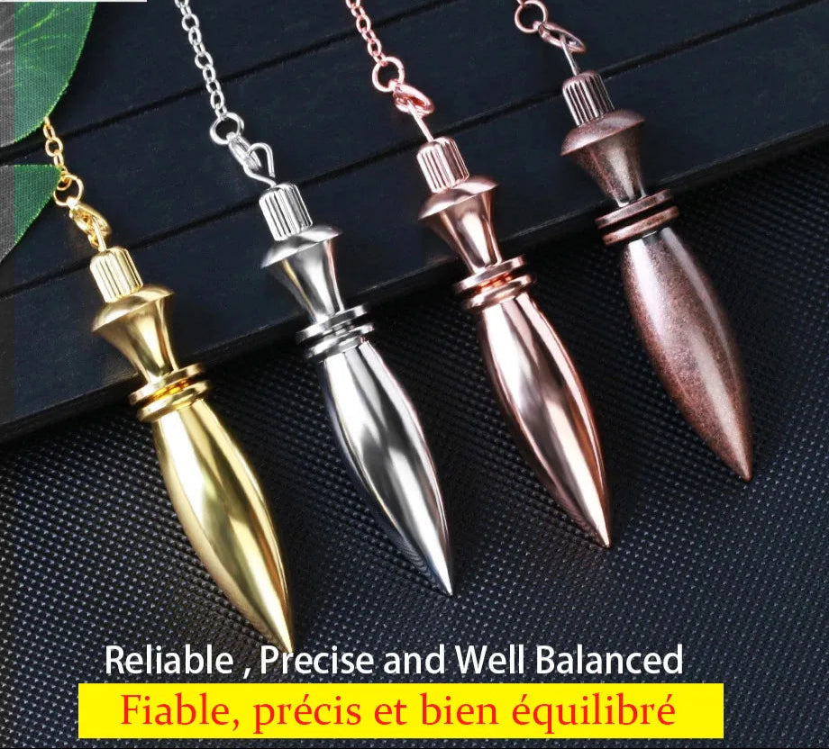 Four metallic pendant necklaces on a textured surface with text about reliability and precision.