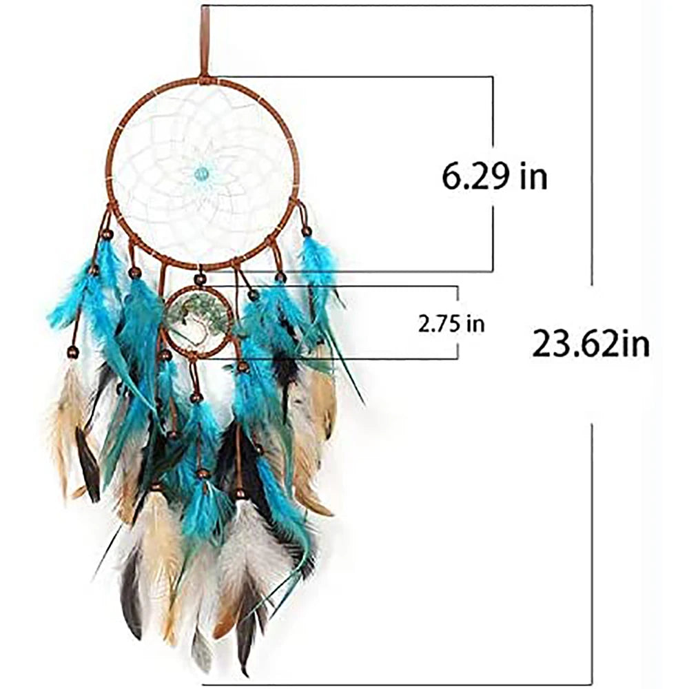 Dreamcatcher with feathers and measurements on a white background