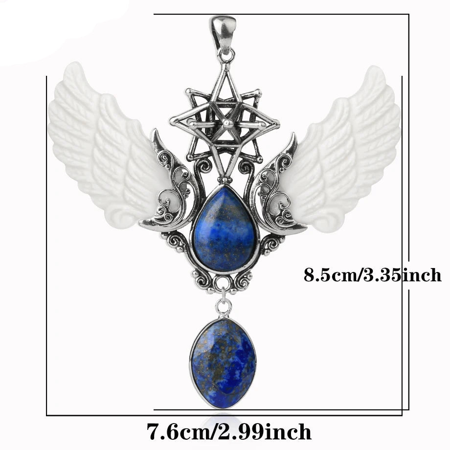 Pendant with wings and blue stones, featuring measurements on a white background.