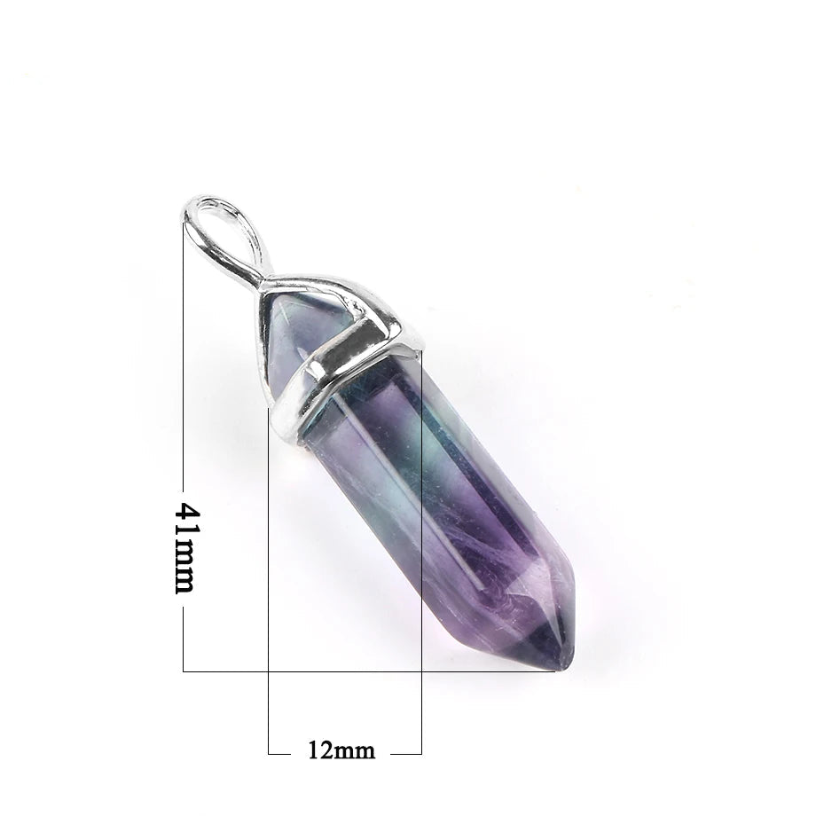 Amethyst crystal pendant with silver setting, shown with measurements on a white background.