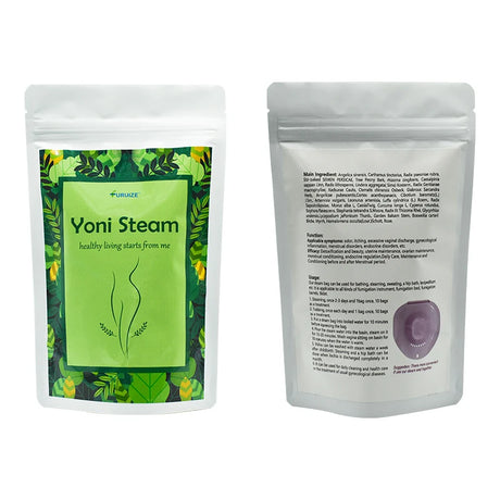 Two packages of Yoni Steam with green and white design on a white background