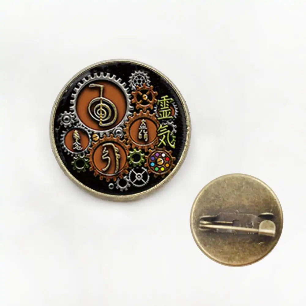Steampunk-themed round pin with intricate designs on a white background