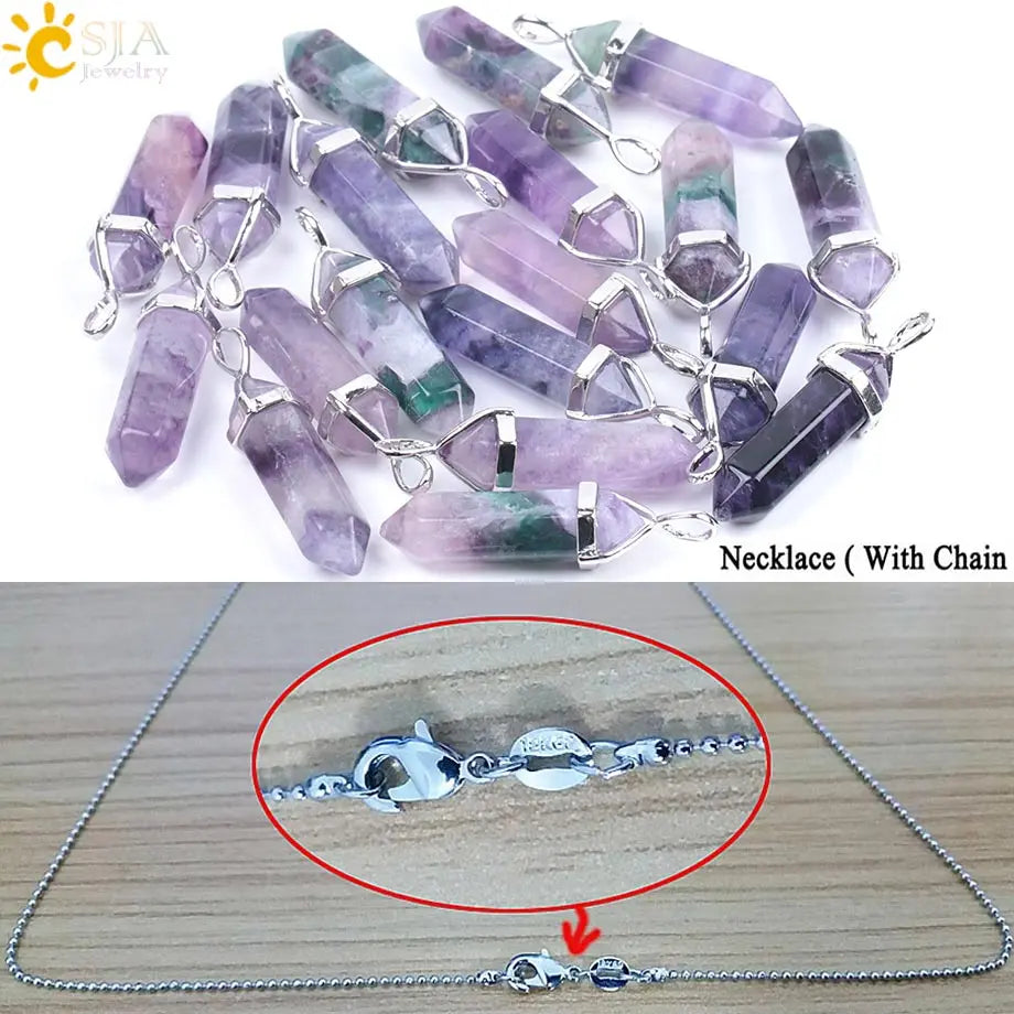 Necklace with purple crystal pendants and silver chain on a wooden surface.