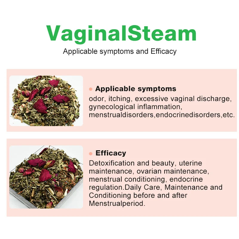 VaginalSteam product description with images of dried herbs on a white background