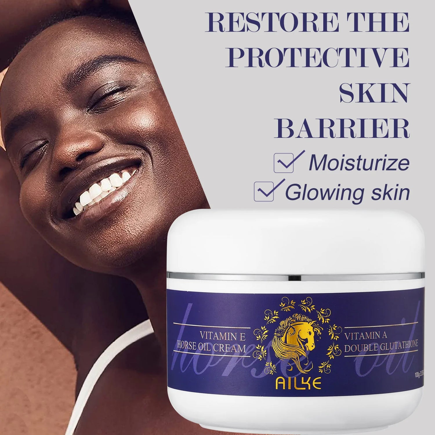 Woman with a jar of AILKE vitamin E cream against a white background