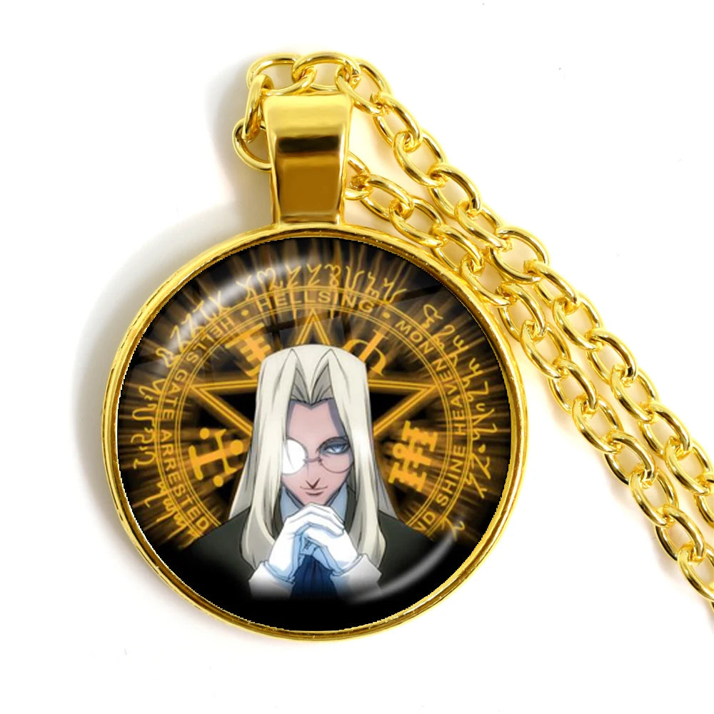 Gold necklace with pendant featuring an anime character and circular design