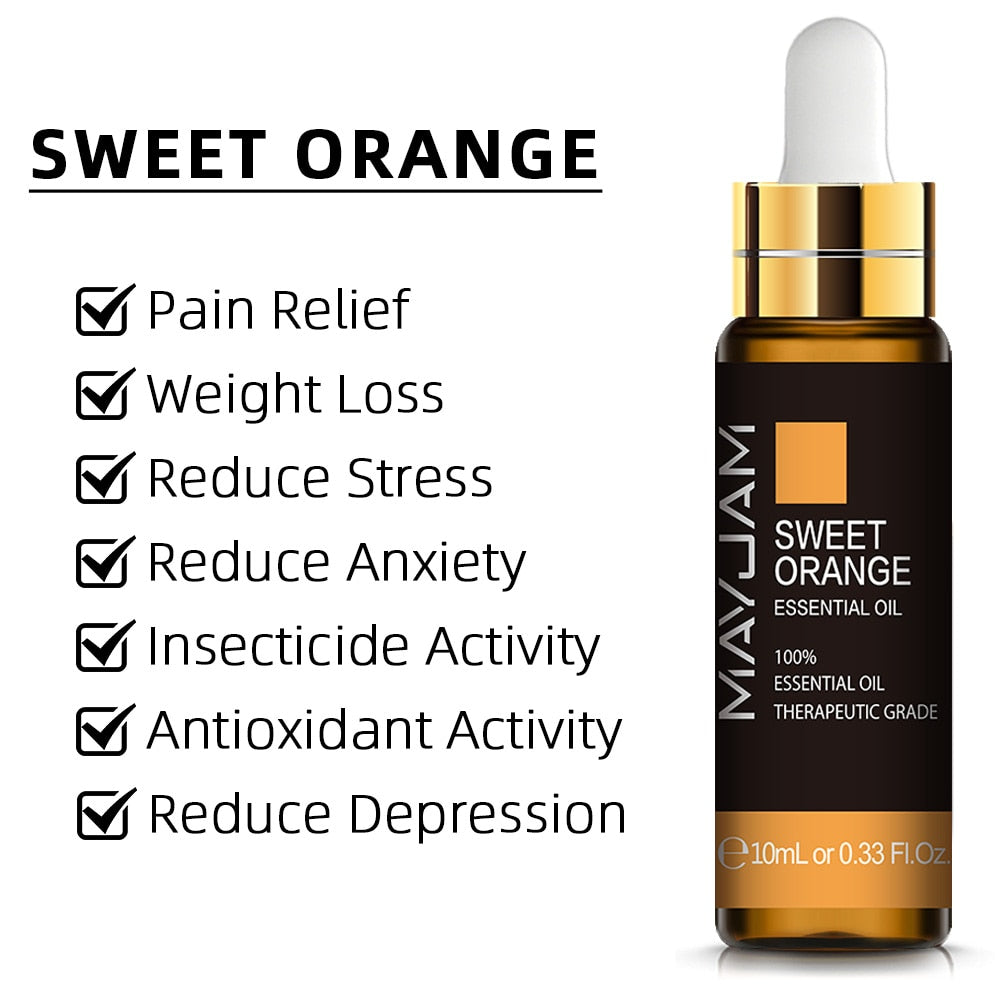 Mayu Jam Sweet Orange essential oil bottle with listed benefits on a white background