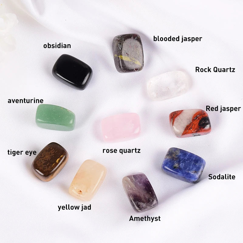 Collection of various crystals labeled with their names on a white background