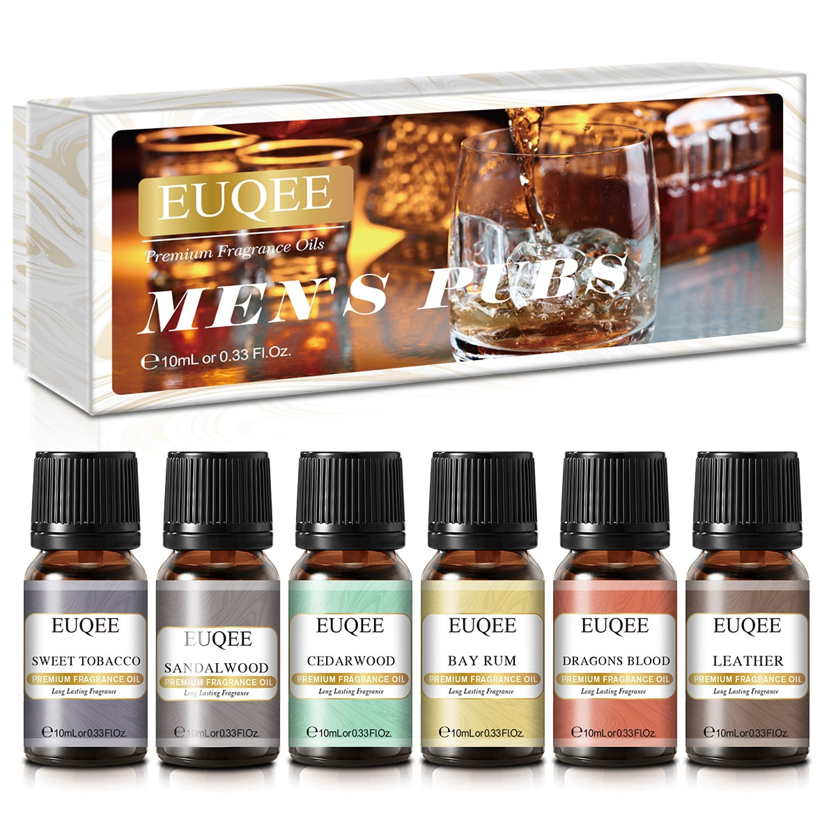 Set of EUQEE men's fragrance oils with a box in the background