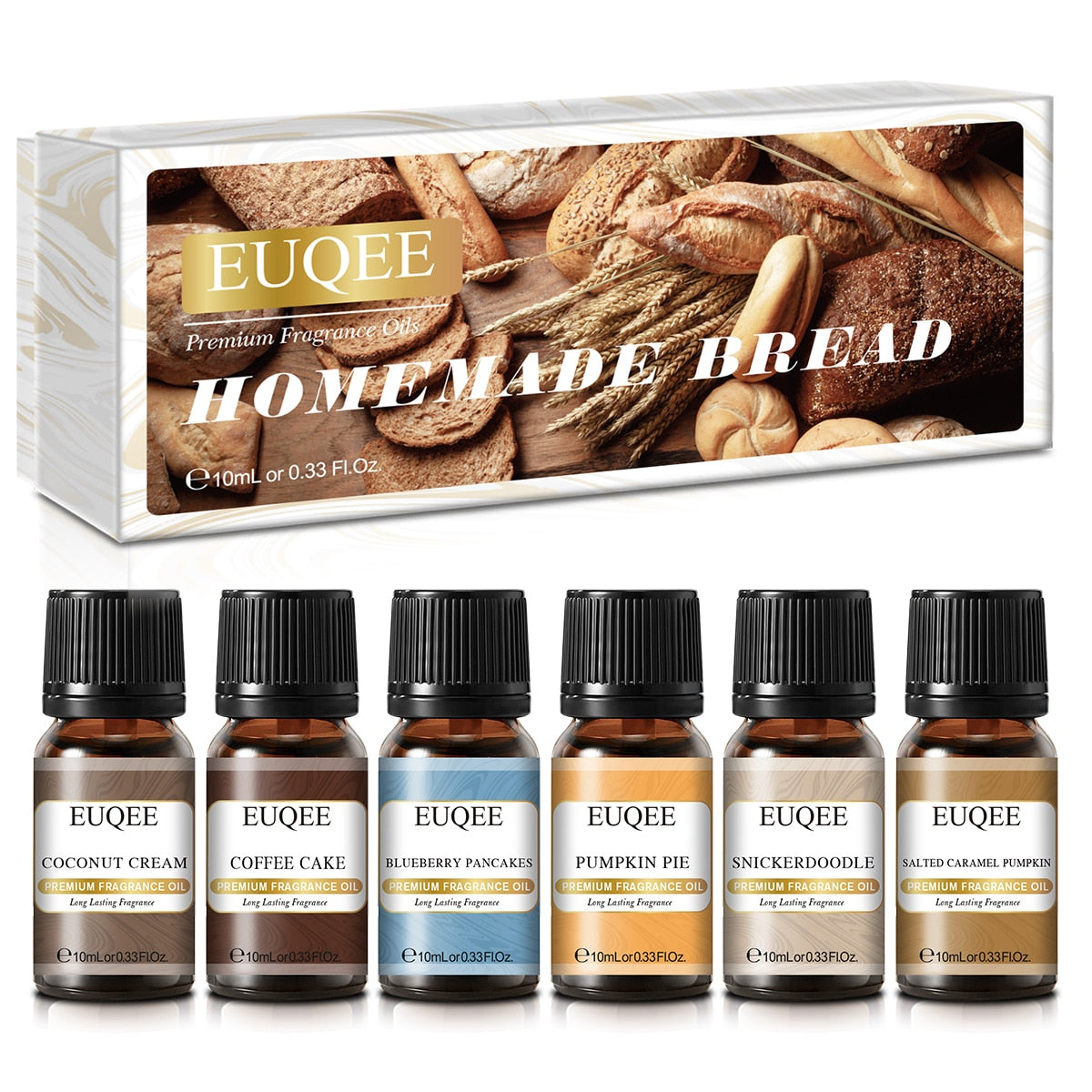 EUQEE fragrance oil set with packaging labeled 'Homemade Bread'.