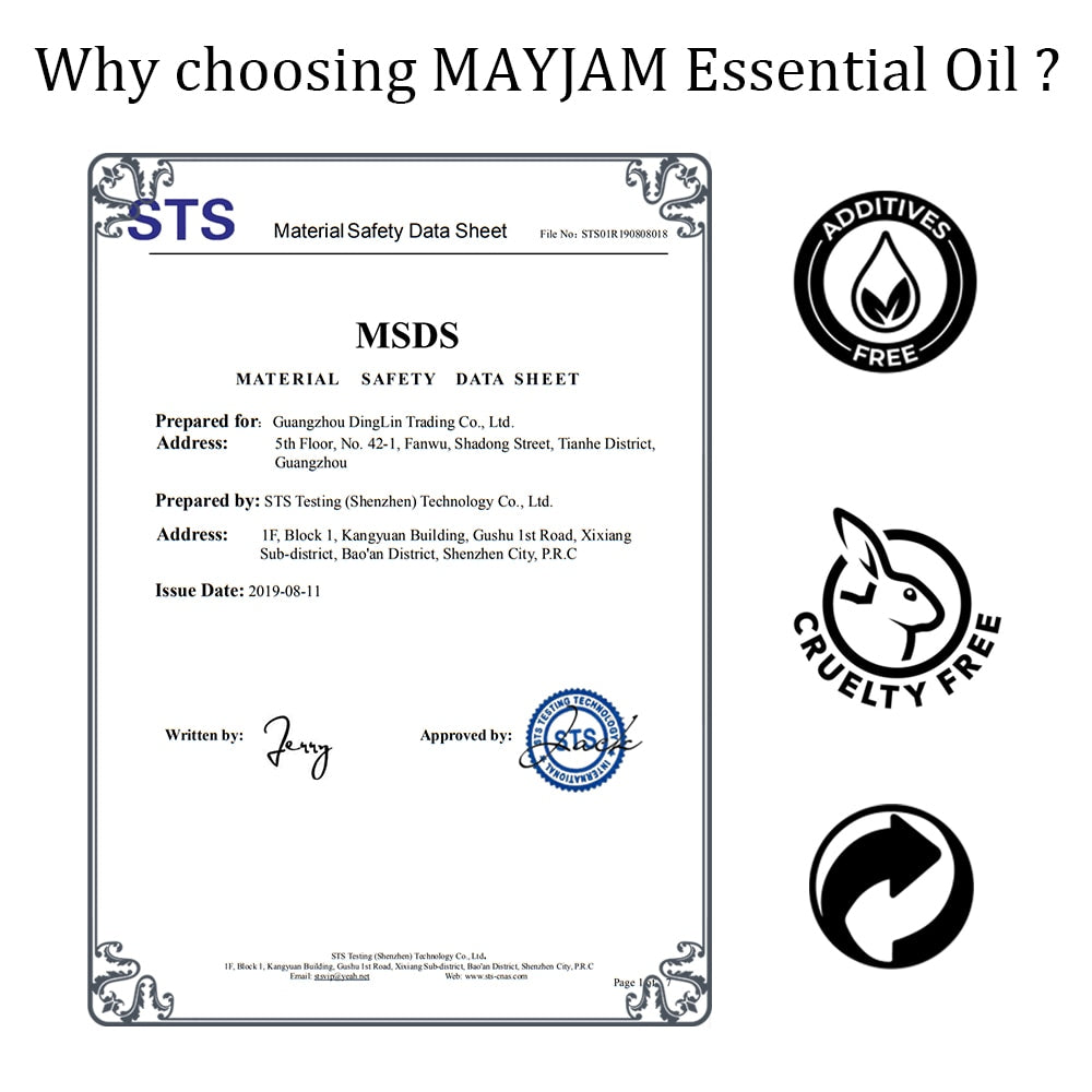 MAYJAM Essential Oil MSDS document with certification logos on a white background