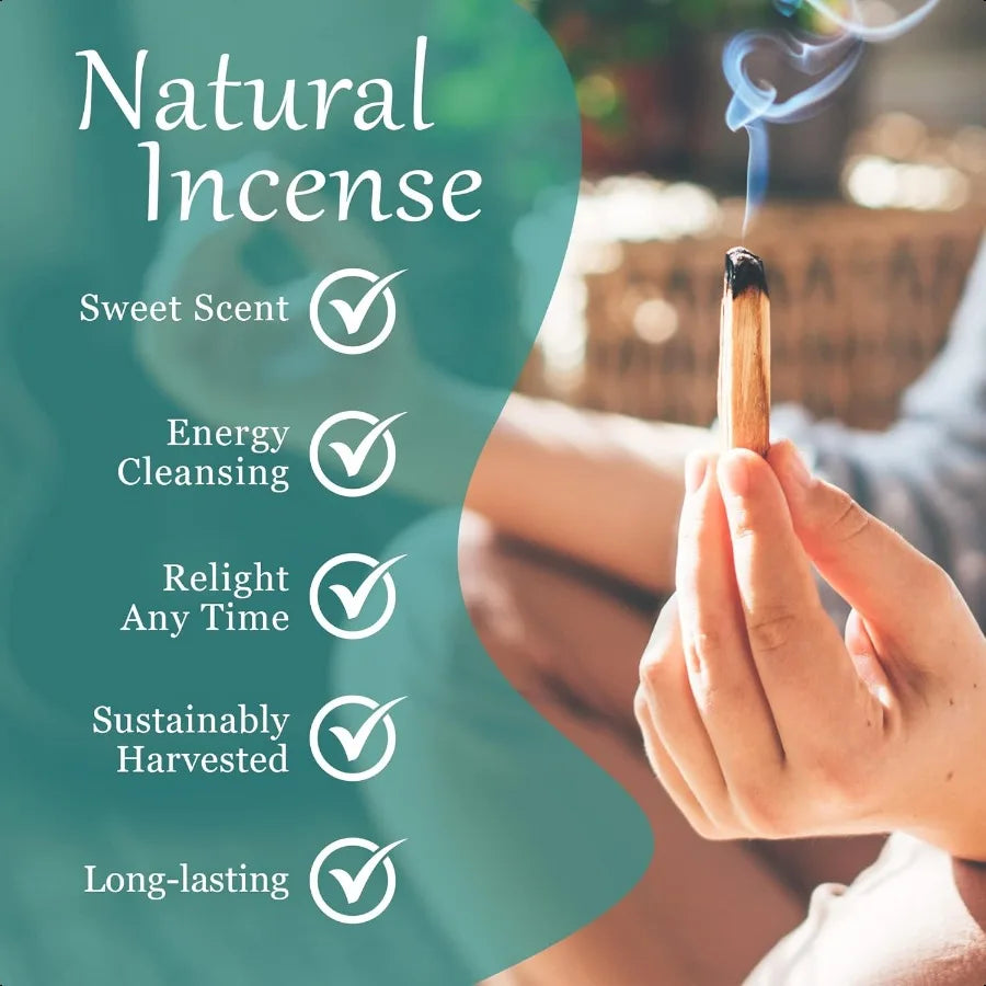 Hand holding a burning incense stick with text about natural incense benefits on a blurred background