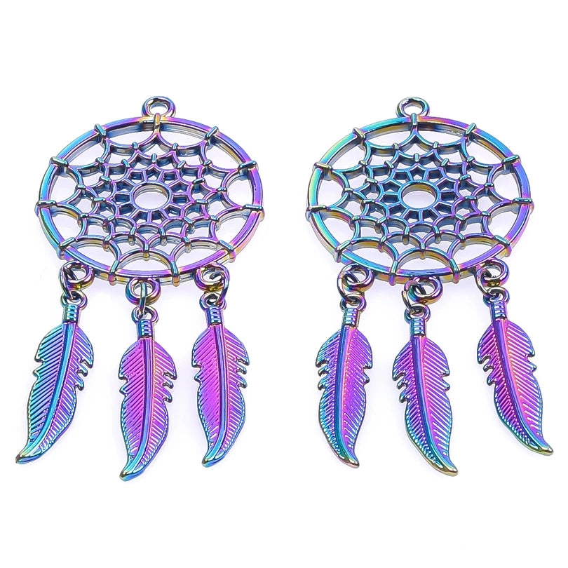 Pair of iridescent dreamcatcher earrings with feathers on a white background