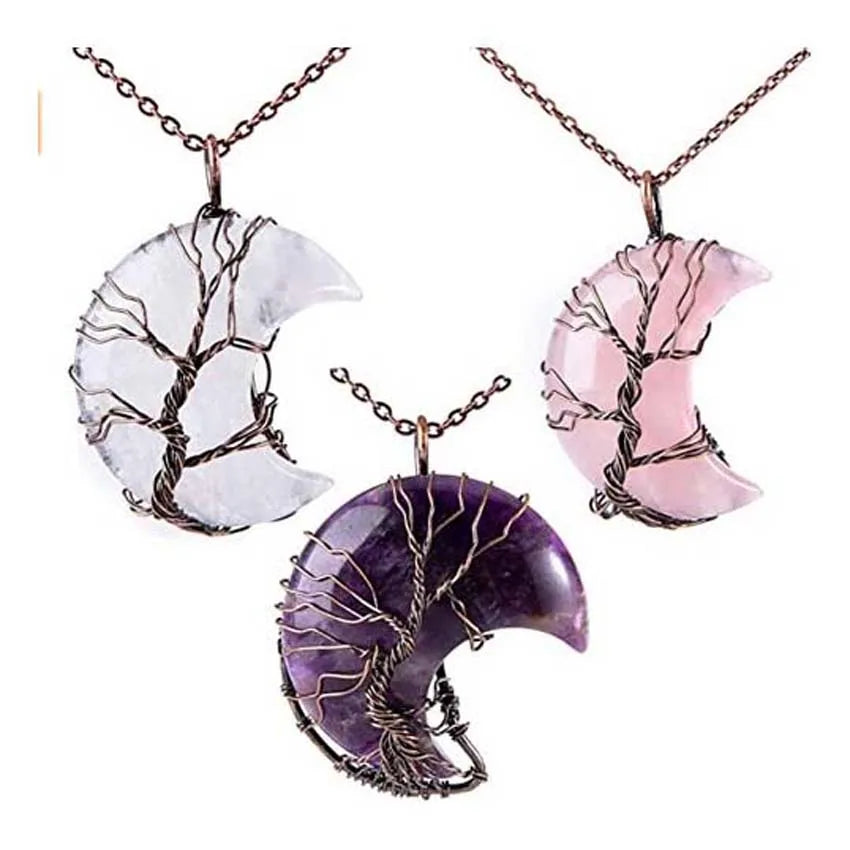 Three moon-shaped stone pendants on chains with a white background
