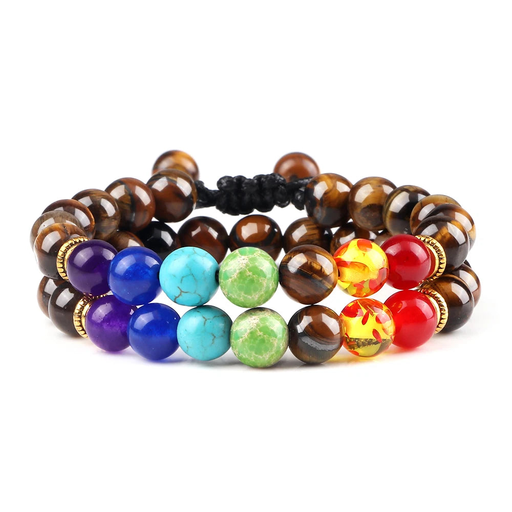 Multicolored beaded bracelets on a white background