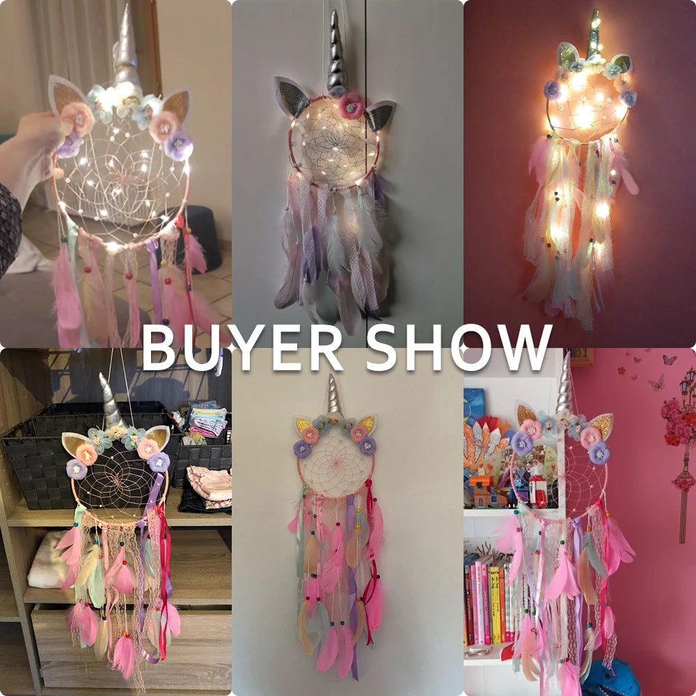 Collage of a unicorn-themed dreamcatcher with lights in various settings.