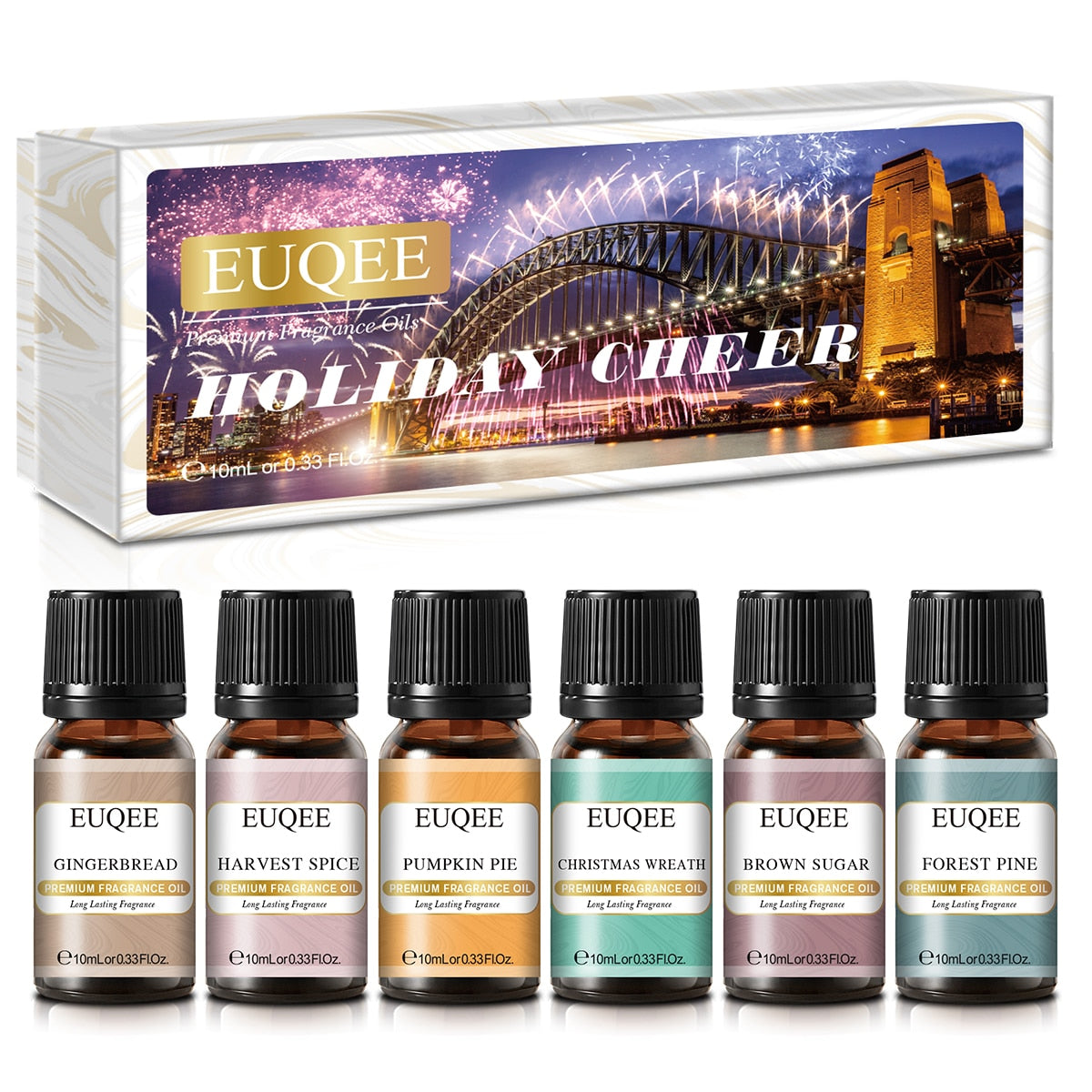 EUQEE essential oil set with a scenic bridge background