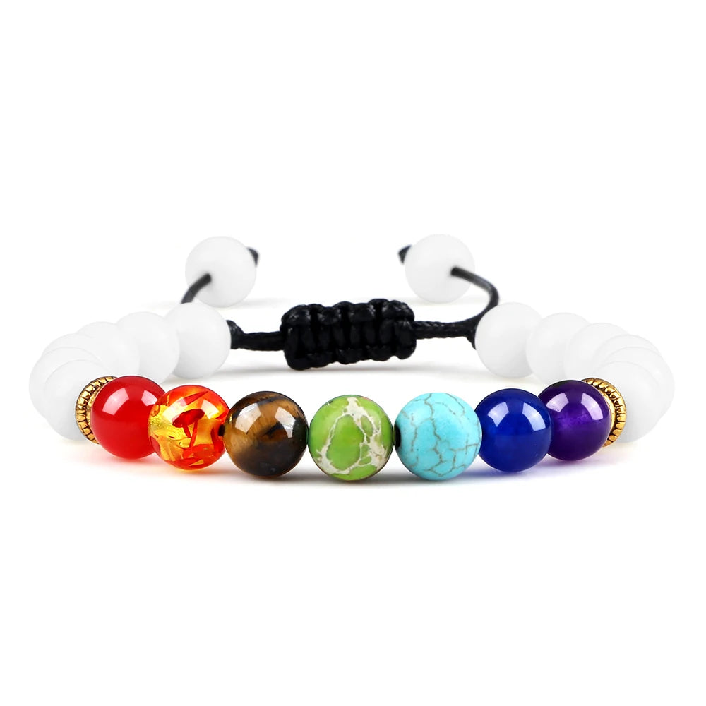 Multicolored beaded bracelet on a white background