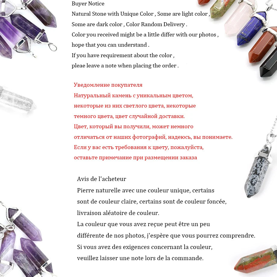 Mineral crystals with silver necklaces on a white background, accompanied by text about color variations.